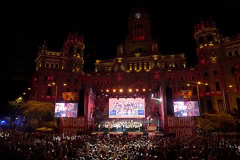 Spain players celebrate at Cibeles square in Madrid